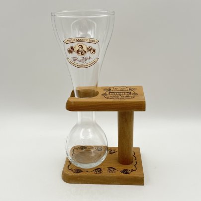 Бокал для пива (для Квака (Kwak)) уникальной формы с ручкой выполненной из дерева. Юбилейный., стекло, дерево, деколь, Бельгия, 2000 г.