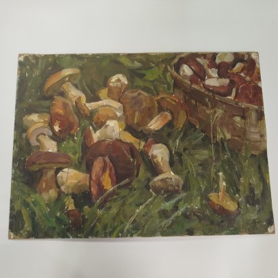 Картина "Натюрморт с грибами", художник Репин Николай Никитович (1932-2023 гг.), картон, масло, СССР, 1976 г.