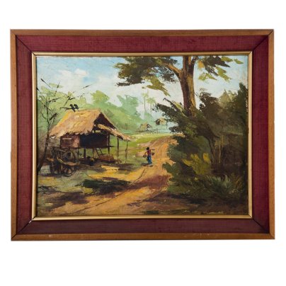 Картина в раме "Пейзаж сельской местности", холст, масло, дерево, ткань, Художник Vonlisley S., Юго-Восточная Азия, 1973 г.
