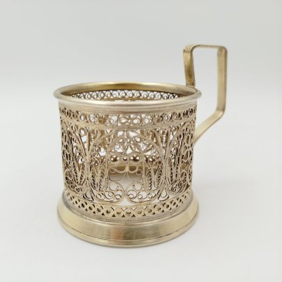 Подстаканник с ажурным цветочным декором, мельхиор (медь-никель), Мстерская художественная фабрика «Ювелир», СССР, 1970 г.