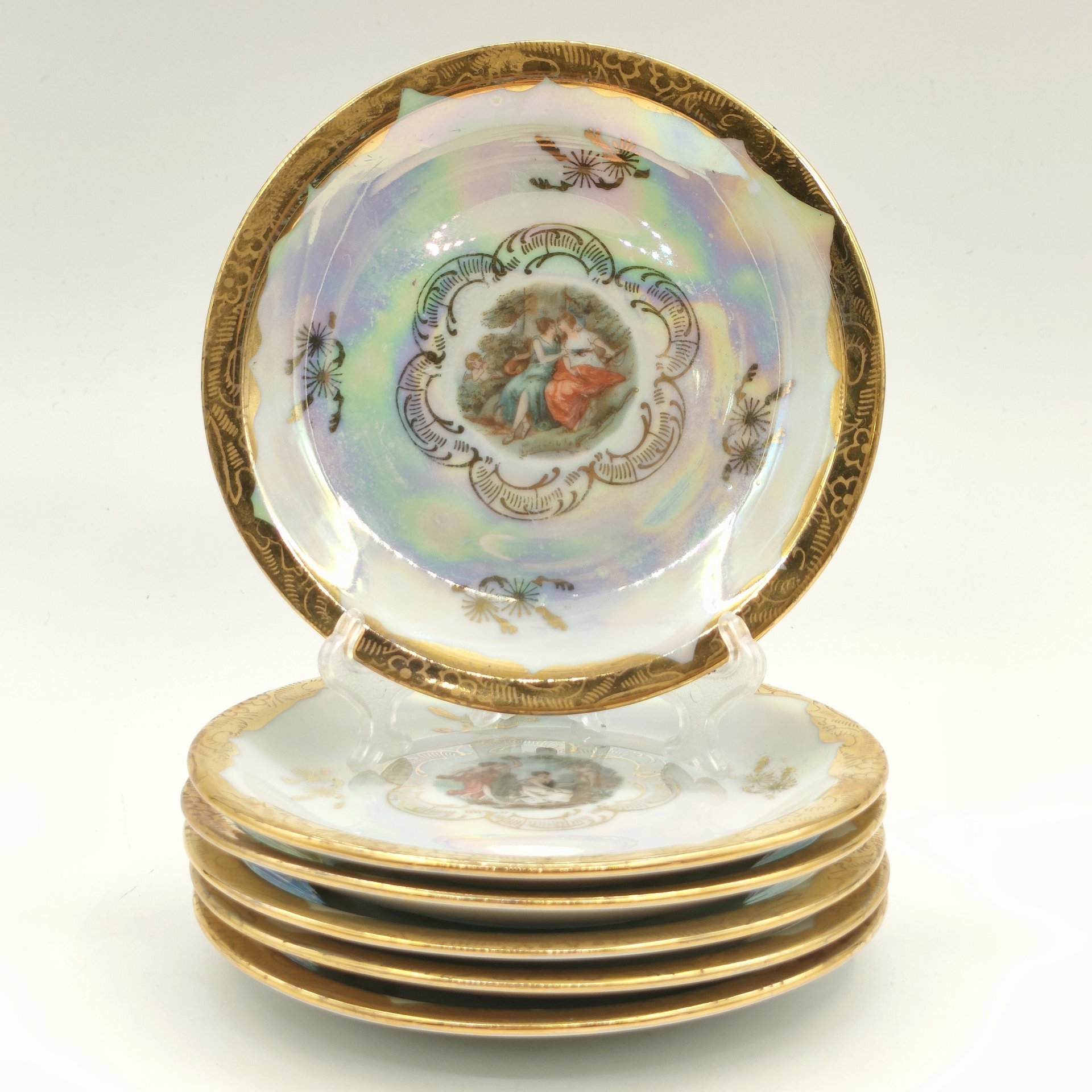 Набор из 6-ти розеток (блюдец) "Мадонна", фарфор, люстр, деколь, золочение, Oscar Schlegelmilch, ГДР, 1950-1972 гг.