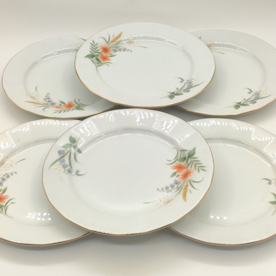 Набор десертных тарелок с цветочным орнаментом на 6 персон, фарфор, деколь, золочение, Epiag D. F., Чехия, 1990-2015 гг.