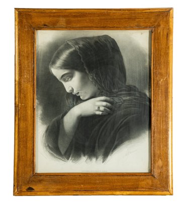 Литография "Вдовушка" по рисунку Александра Тимофеевича Скино с картины 1831 года Якова Федоровича Капкова (фонд Витебского художественного музея), бумага, печать, рама (дерево, стекло), Литографическая мастерская Каспара Эргота в Москве (К. Эрготъ), Российская империя, 1850-1900 гг.
