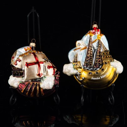 Набор елочных игрушек (2 шт) "Каравеллы Колумба" в коробке, фирма "Komozja", стекло, краска, золочение, металл, Польша, 2000-2010 гг.