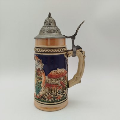 Кружка пивная с крышкой "Drosselhof", керамика, олово, люстр, роспись, Германия, 1960-1990 гг.