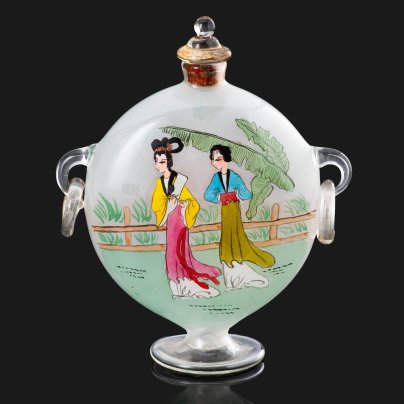 Флакон "Красавицы" для аромамасел (в коробке), стекло, роспись, картон, текстиль, Китай, 1990-2000 гг.