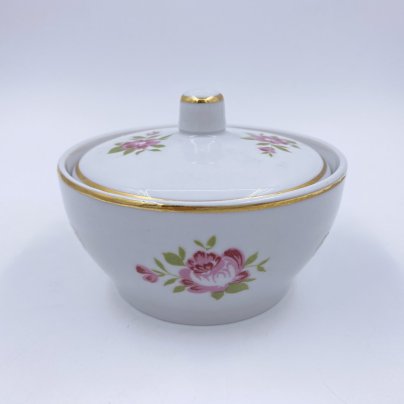 Сахарница, украшенная цветочным декором, фарфор, деколь, золочение, Дмитровский фарфоровый завод (ДФЗ Вербилки)
