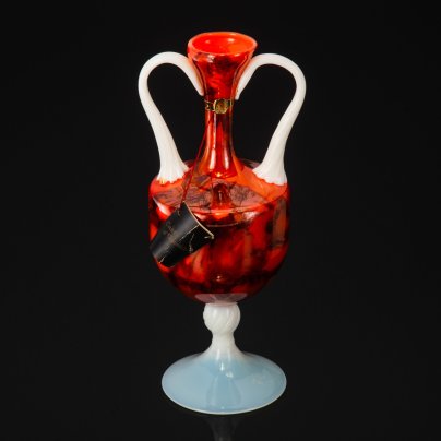 Ваза оранжевого цвета, с ручками и белой витой ножкой, Vetreria la Toscana, Opaline Veritable, стекло, опаловое, гутная техника, люстр, Италия, 1950-1970 гг.