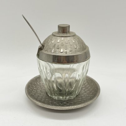 Горчичница с ложечкой на подносе, стекло, металл, СССР, 1960-1990 гг.