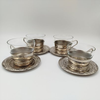 Набор чайных пар в подстаканниках на 4 персоны, мНЦ (медь-никель-цинк), стекло, СССР, 1960-1990 гг.