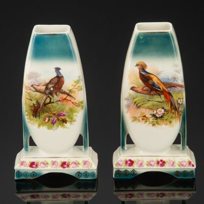 Парные вазы в стиле Art Deco, украшенные изображением птиц, Wasmuel Ceramics, фаянс, деколь, золочение, Бельгия, 1920-1940 гг.