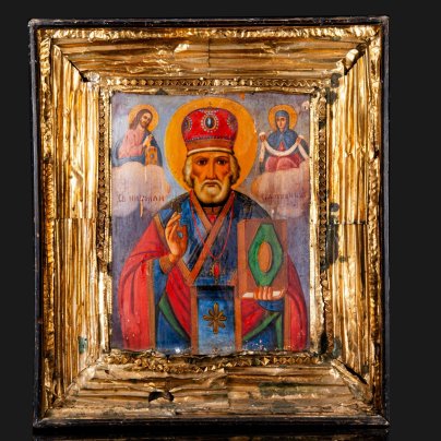 Икона в киоте "Святой Николай Чудотворец" (Никола Зимний), дерево, темпера, фольга, Российская империя, 1890-1915 гг.