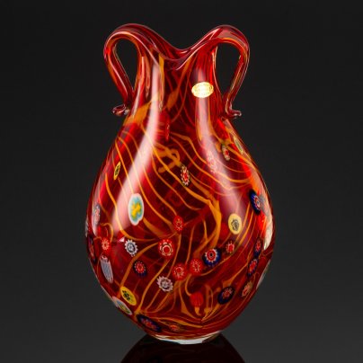 Ваза насыщенного красного цвета, стекло, техника "Millefiori" (Миллефиори), гутная техника, Murano, Италия, 1960-1990 гг.