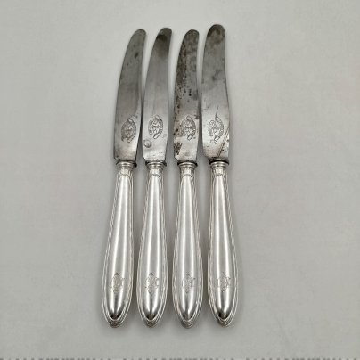 Набор из 4-х десертных ножей, Jernboalget, мНЦ (медь-никель-цинк), серебрение, нержавеющая сталь, Швейцария, 1900-1920 гг.