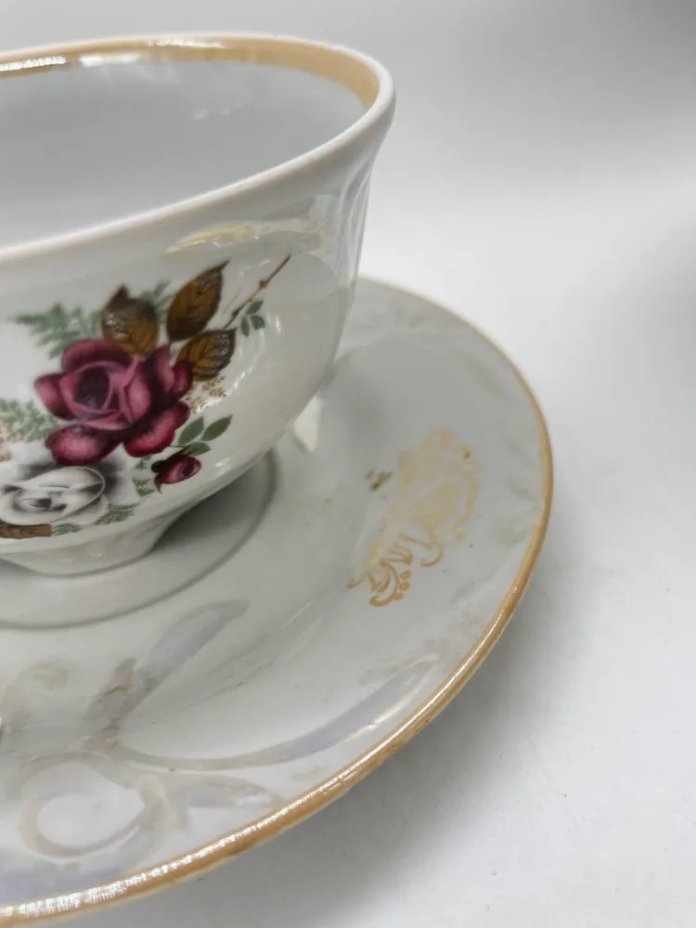 Чайная пара большая с цветочным декором, фарфор, люстр, деколь, Сумский фарфоровый завод, СССР, 1980 г.