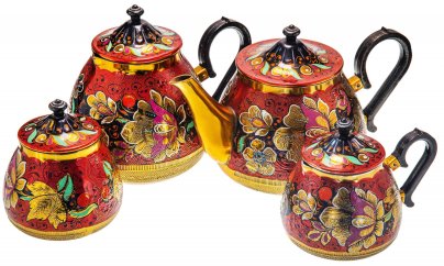 Чайно - кофейный сервиз с цветочной росписью, алюминий, эмаль, СССР, 1970-1990 гг.