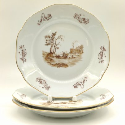 Набор из 3-х обеденных тарелок, украшенных речными сценами, фарфор, деколь, золочение, Bohemia (Neurohlau), Чехословакия, 1970-1990 гг.