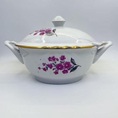 Супница, украшенная цветочным декором, фарфор, деколь, золочение, Дулевский фарфоровый завод (Дулёво), СССР, 1987 г.