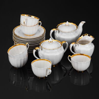 Сервиз "Золотая лента" 6 персон (21 предмет), фарфор, золочение, Дмитровский фарфоровый завод (ДФЗ Вербилки), СССР, 1965-1991 гг.