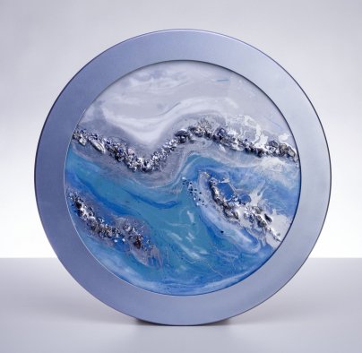 Панно настенное декоративное "Небесное серебро", авторская работа в технике Resin Art, глянцевое 3D покрытие, натуральный камень, Россия, 2021 г.