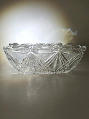 Салатник в форме ладьи с резным декором, хрусталь, алмазная грань, СССР, 1980 г.