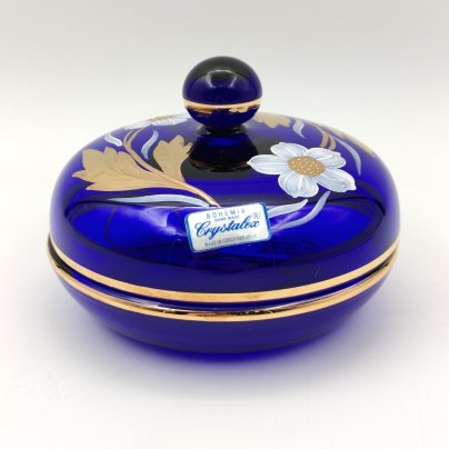 Шкатулка (бонбоньерка) кобальтового оттенка с цветочным декором, стекло, роспись, золочение, Bohemia Crystal (Bohemia Glass), Чехия, 2000-2010 гг.