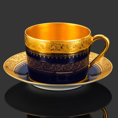 Пара чайная (крупная), украшенная растительным орнаментом, Lemaire Décorateur, фарфор, крытье кобальтом, двойное золочение, Limoges, Франция, 1950-1980 гг.