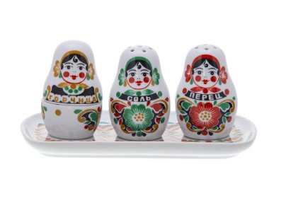 Набор для специй "Матрешки" (соль, перец, горчица), фарфор, деколь, Дмитровский фарфоровый завод (ДФЗ Вербилки), СССР, 1965-1991 гг.