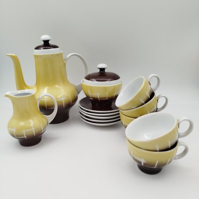 Сервиз кофейный в желто-коричневой гамме на 5 персон (13 предметов), фарфор, крытье, аэрография, Kahla, ГДР, 1960-1990 гг.