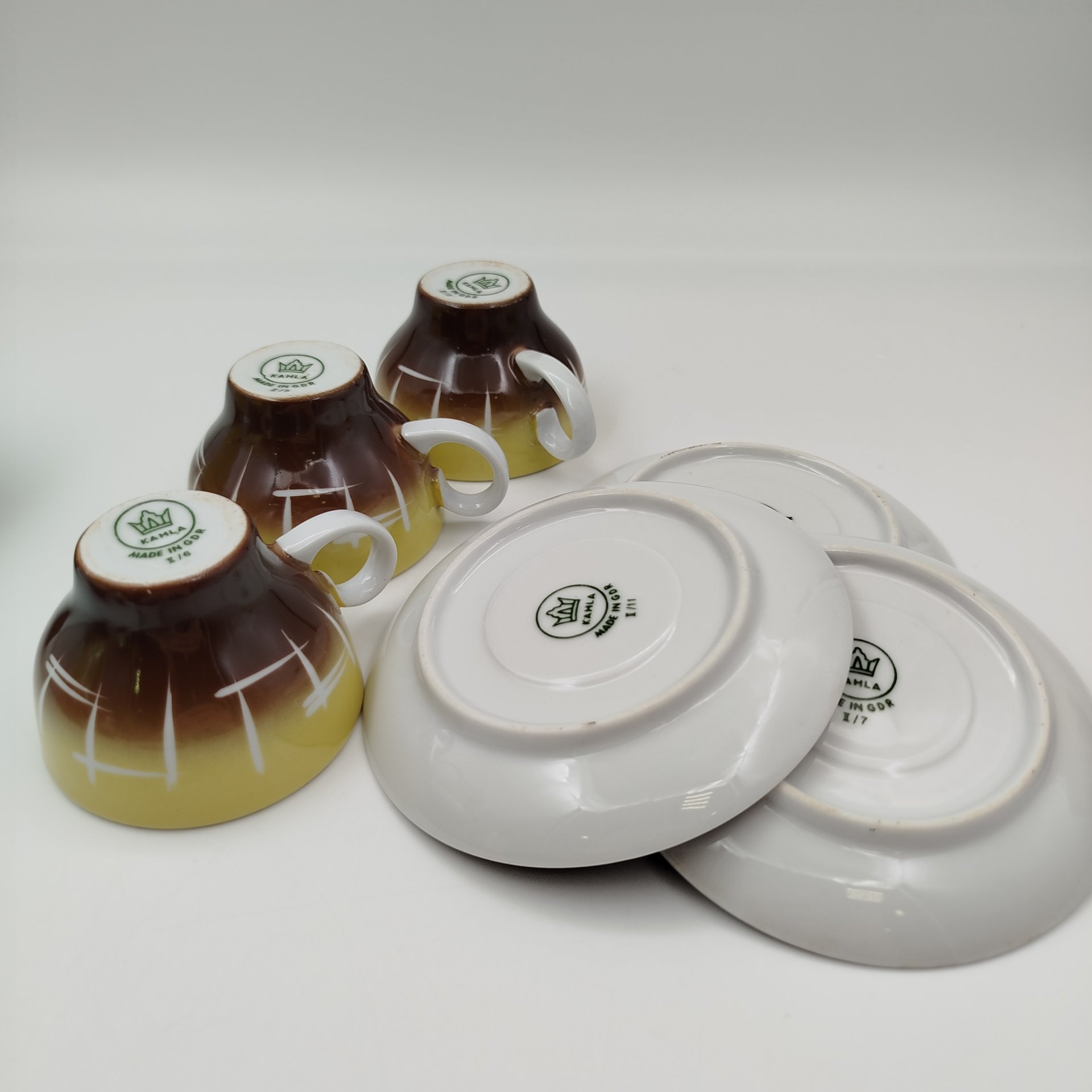 Сервиз кофейный в желто-коричневой гамме на 5 персон (13 предметов), фарфор, крытье, аэрография, Kahla, ГДР, 1960-1990 гг.