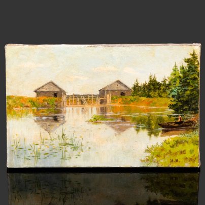 Картина "Сельский пейзаж с водоемом и лодкой" (название условное), подпись "И.В.", холст, масло, деревянный подрамник, Российская империя, 1890-1915 гг.