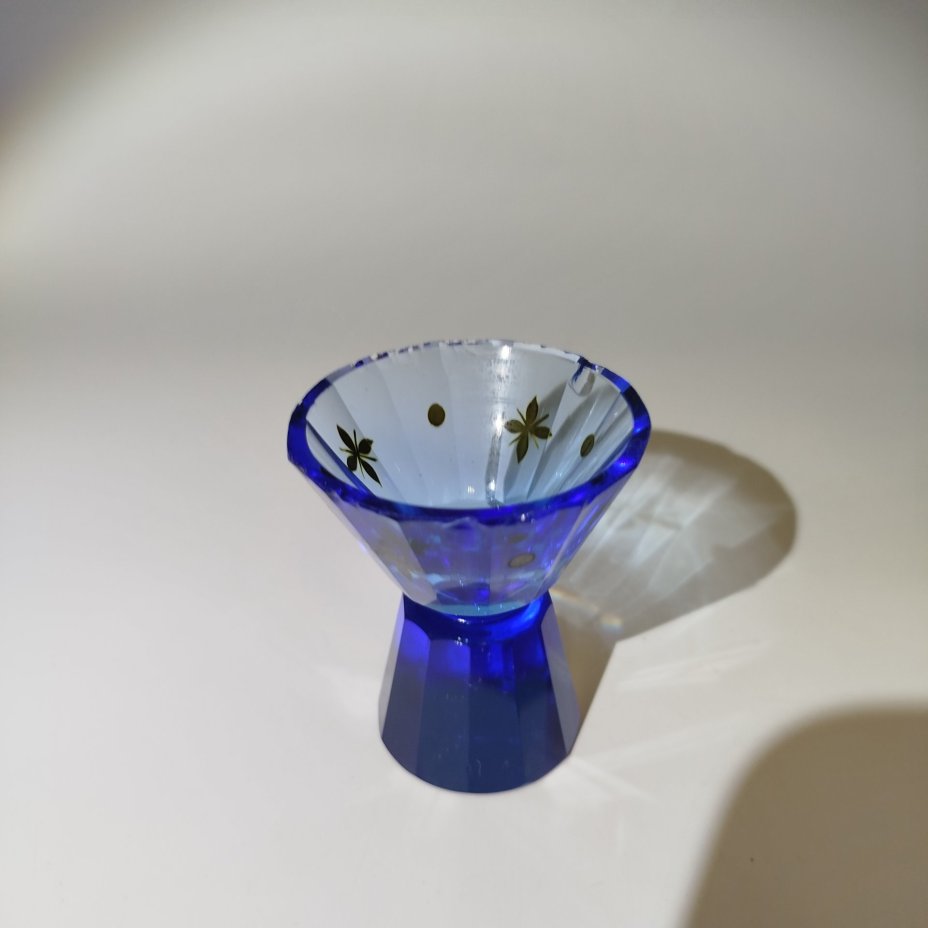 Набор из 4 стопок синего цвета, цветное стекло, деколь, Чехословакия, 1950-1960 гг.