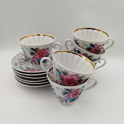 Набор из 6-ти чайных пар "Март", форма "Лучистая", фарфор, деколь, золочение, Ленинградский фарфоровый завод (ЛФЗ), СССР, 1970-1990 гг.