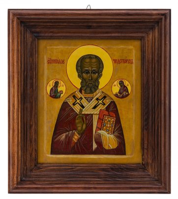 Икона "Святитель Николай Угодник (Николай Чудотворец) с предстоящими" в киоте, ДСП, бумага, печать, подрисовки, Россия, 2000-2015 гг.