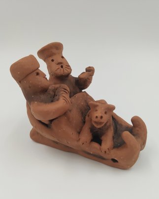 Игрушка каргопольская "Мужики в санях", подпись мастера "О.Ш.", глина, лепка