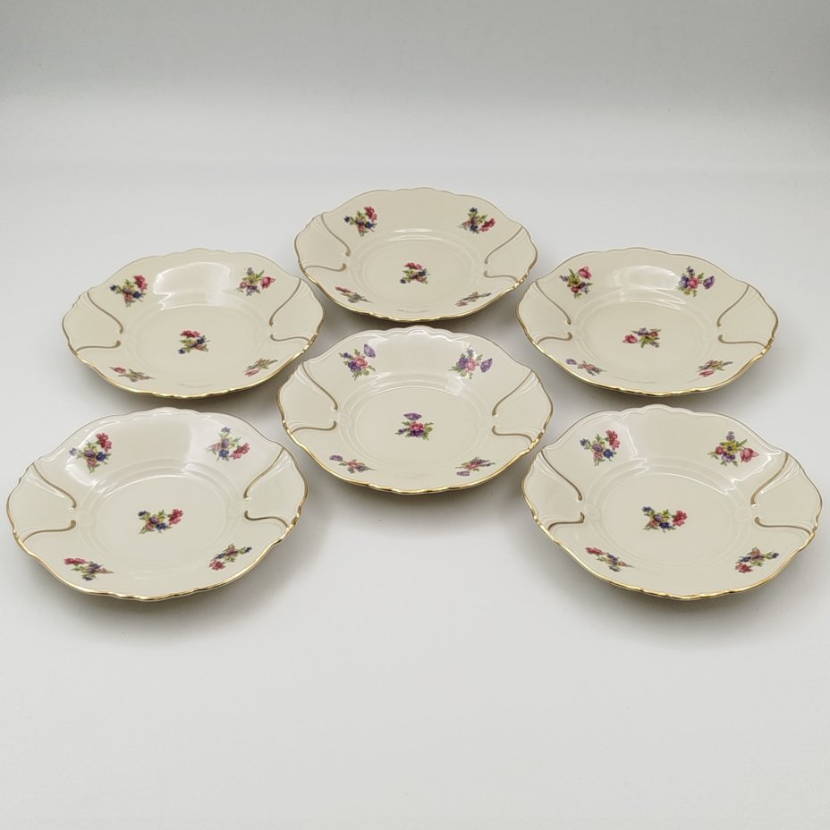 Набор для сервировка стола (6 блюдец и  салатник), украшенный цветочным декором, фарфор, деколь, золочение, Edelstein Bavaria (Эдельштейн), Германия, 1950-1970 гг.