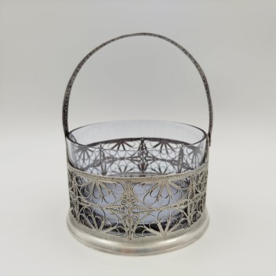 Сахарница на подставке с ручкой, мНЦ (медь-никель-цинк), стекло, Мстерская художественная фабрика «Ювелир»