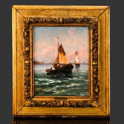 Картина "Морской пейзаж с парусниками", оформленная в раму, художник J. Vallon, холст, масло, дерево, мастика, золочение, металл, Западная Европа, 1870-1900 гг.