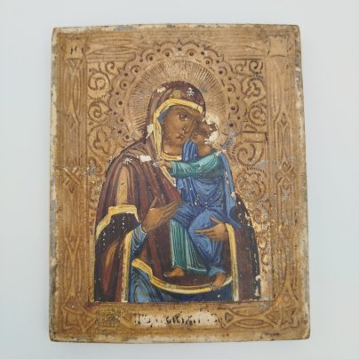 Толгская икона Божией Матери (с дарственной надписью на обороте), дерево, левкас, цировка, темпера, золочение, Российская империя, 1889 г.