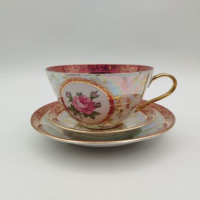 Чайное трио "Роза", фарфор, деколь, люстр, золочение, Volkstedt Beyer & Bock, ГДР, 1948-1980 гг.