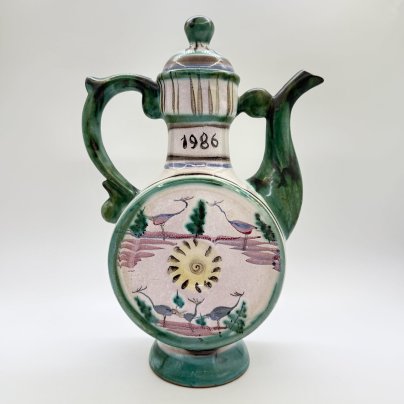 Кумган, украшенный пейзажем, Гжель, керамика, роспись, СССР, 1986 г.