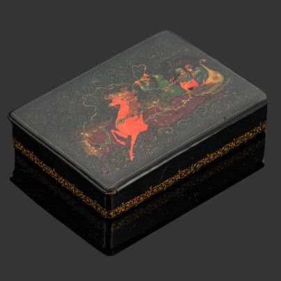 Шкатулка "Тройка", автор Анна Михайловна Бороздина, папье-маше, роспись, лак, Палех, СССР, 1940-1960 гг.