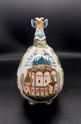 Ваза, украшенная изображением храма и мифологических птиц, автор П. Носов, Преприяте "Ревсан", керамика, роспись