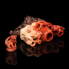 Ваза-ароматница для благовоний в виде трёх собак Фу с ажурным резным вазоном в центре, мыльный камень, резьба, Китай, 1950-1970 гг.