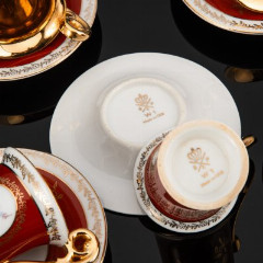 Набор кофейных пар на 5 персон, с изображением мейсенского букета в медальоне, фарфор, деколь, крытье, золочение, Spezial Eisenberg Porzellan (SEP), Германия, 1973-1976 гг.