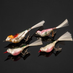 Набор из черырех елочных игрушек в виде птичек, стекло, роспись, металл, Германия, 1920-1950 гг.
