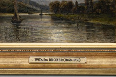 Картина "Речной пейзаж на закате дня", художник Вильгельм Брокер (1848-1930 гг.), с экспертизой, холст, масло, в раме, Германия, 1880-1890 гг.