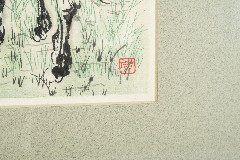Литография цветная "Лошадь на лугу", выполненная по рисунку художника Сюй Бэйхун (Xu Beihong), в паспарту и застеклённой раме