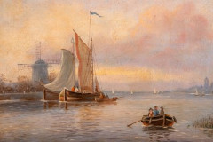 Картина "Пейзаж с лодками и мельницей" (название условное), неизвестный художник, дерево, масло, багетная рама, Западная Европа, 1880-1920 гг.