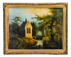 Картина "Часовня", ткань на подрамнике, грунт, масло, авторский багет, неизвестный художник, Европа, 1930-1960 гг.